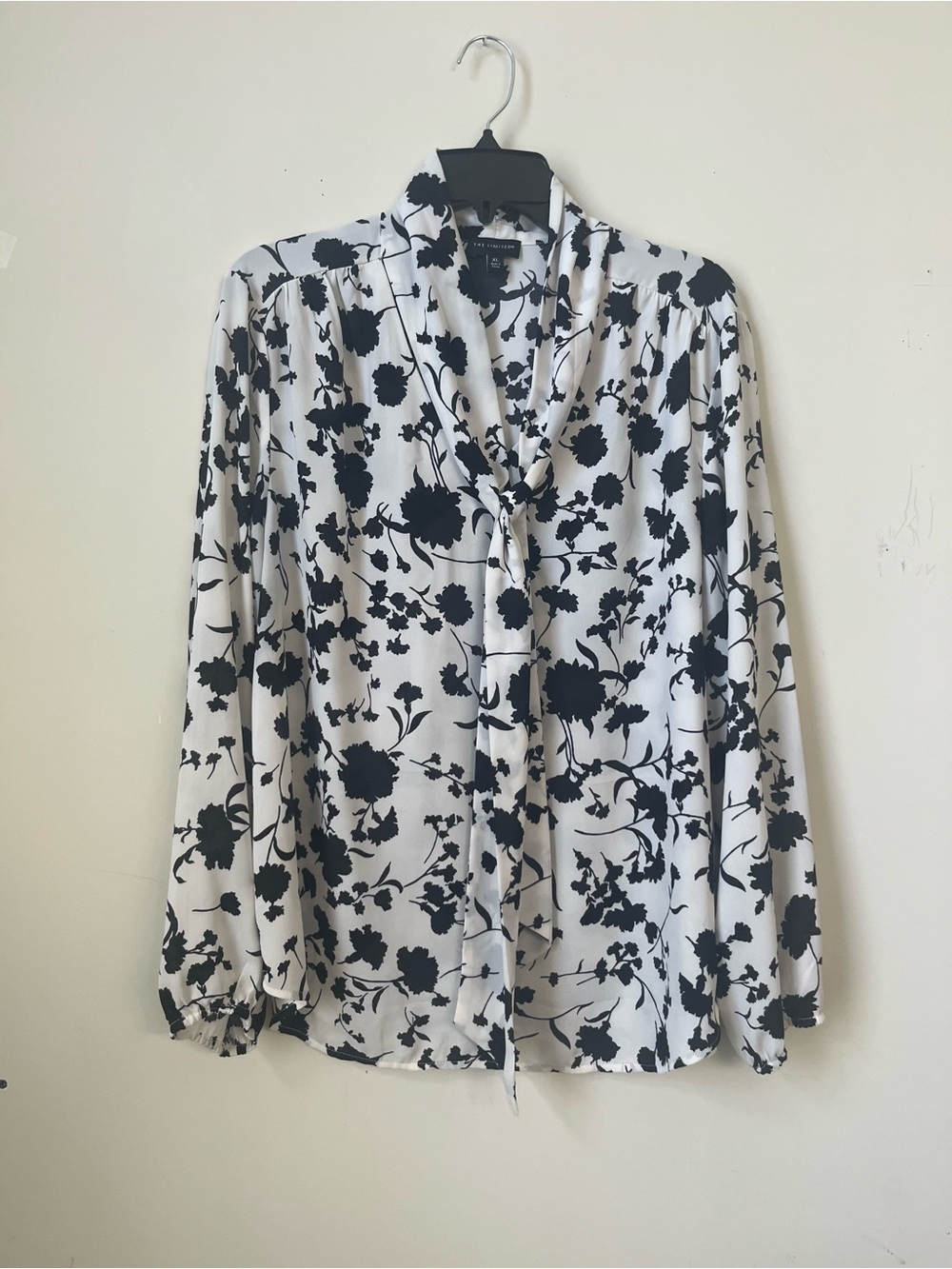 The Limited Black and White Floral Tie-Neck Blouse
